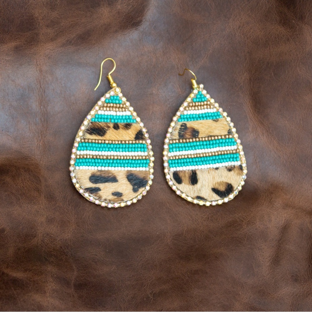 Leopard Print and Turquoise Beaded Teardrop Earrings